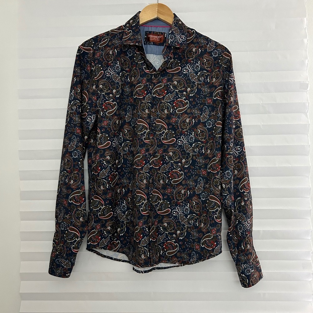 Consequence Mens S Navy Burgundy Paisley Long Sleeve Button Down Retro Shirt